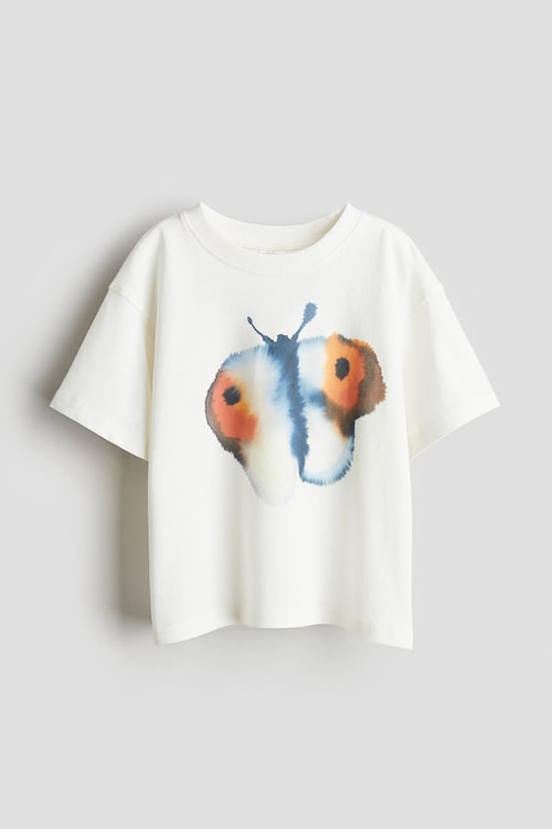 Kız Çocuk Pamuklu Ekru Suluboya Kelebek Desenli T-shirt
