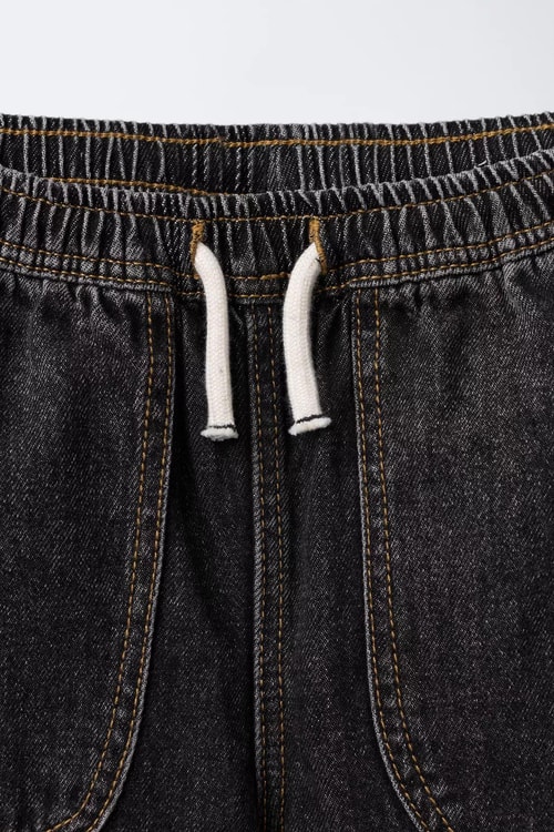 Erkek Çocuk Pamuklu Siyah Denim Jogger Pantolon – Büyük Cepli, Lastik Belli