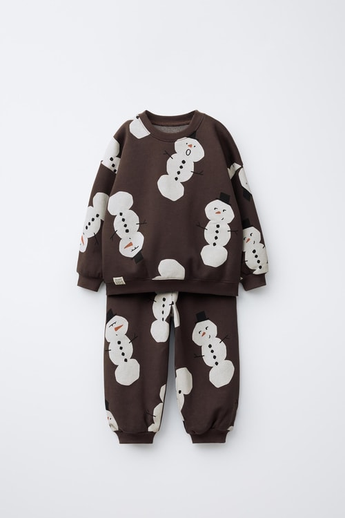 Erkek Çocuk Pamuklu Kahverengi Kardan Adam Desenli Sweatshirt & Eşofman Altı Takım