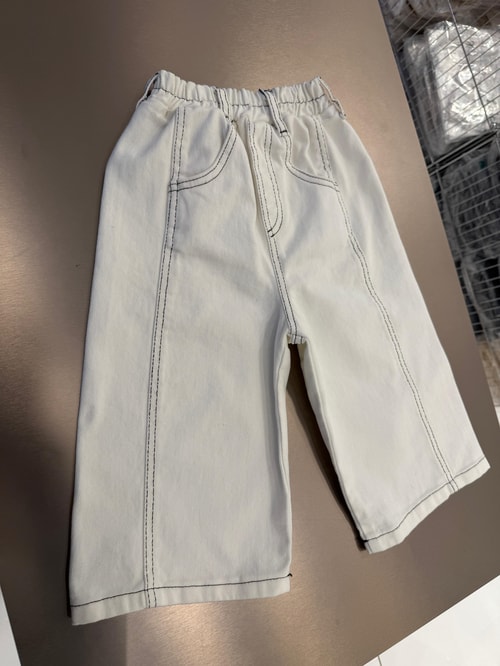 Kız Çocuk Oversize Pamuklu Ekru Kontrast Dikişli Bol Paça Pantolon