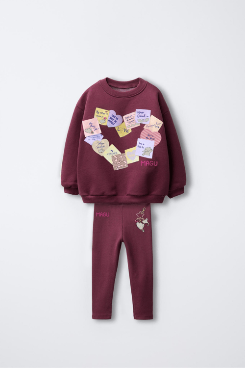 Kız Çocuk Pamuklu Bordo Kalpli Magu Baskılı Sweatshirt Eşofman Takım