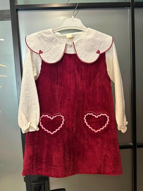 Kız Çocuk Bordo Kadife Kalp Cepli Elbise ve Bluz Takımı