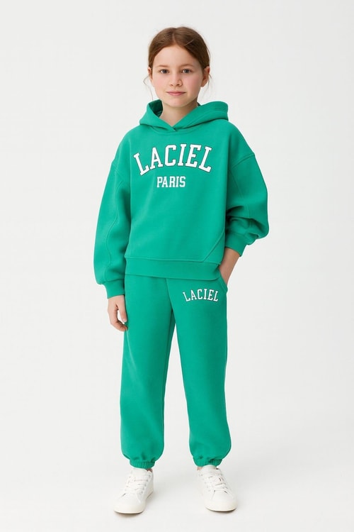Unisex Çocuk Pamuklu Yeşil Baskılı Kapüşonlu Sweatshirt ve Paça Lastikli Eşofman Alt-Üst Takım