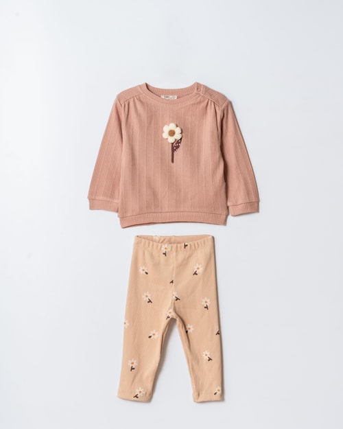 Kız Çocuk Pamuklu Pembe Çiçek Desenli İkili Takım - Sweatshirt ve Tayt