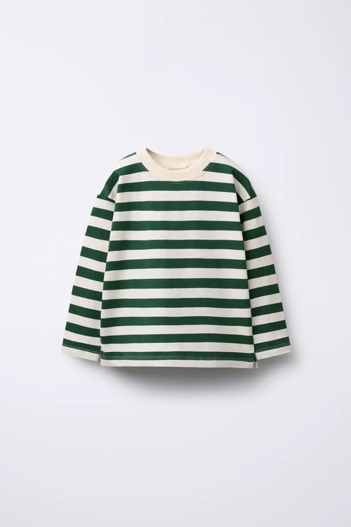Unisex Çocuk Pamuklu Yeşil Çizgili Uzun Kollu Sweatshirt - Rahat Kalıp