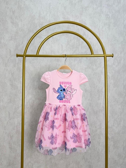 Kız Çocuk Pamuklu Pembe Stitch ve Angel Baskılı Tül Etekli Elbise