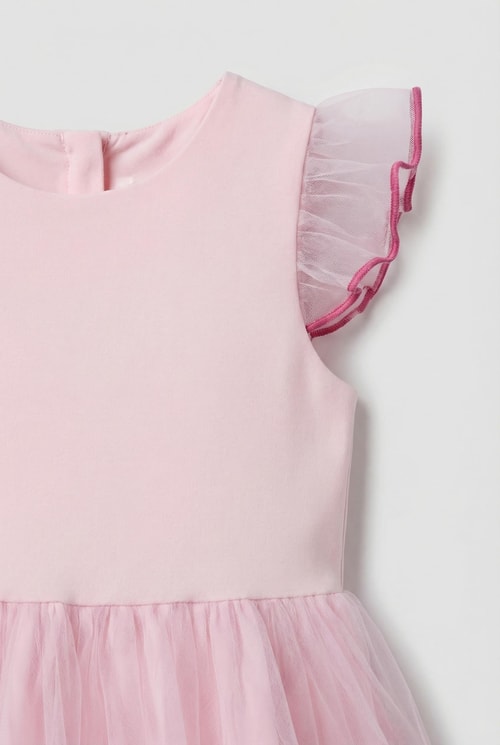Kız Çocuk Pamuklu Pembe Tül Detaylı Fırfırlı Elbise