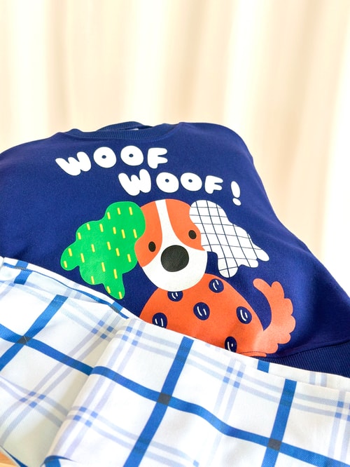 Çocuk Pamuklu Köpek Baskılı Mavi Sweatshirt ve Eşofman Takımı