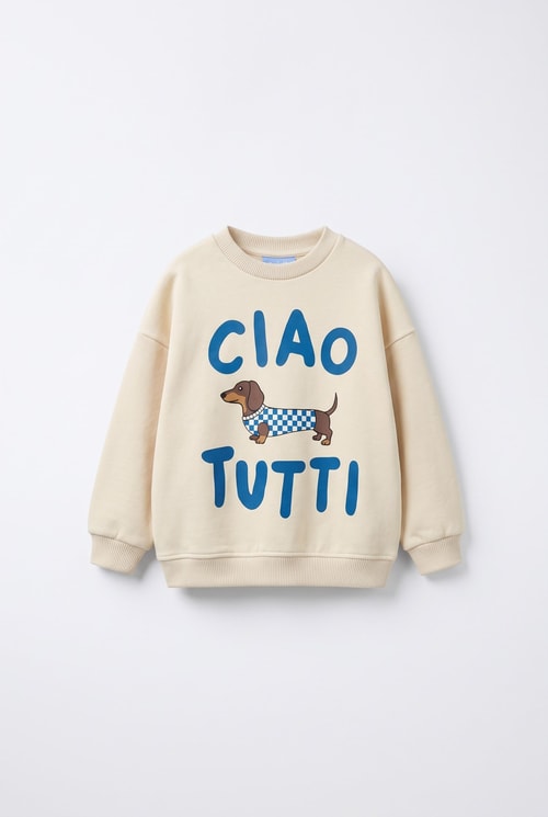 Çocuk Pamuklu Köpek Baskılı Ekru Sweatshirt