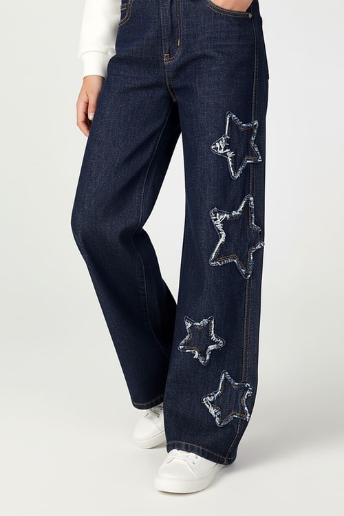Kız Çocuk Pamuklu Lacivert Yıldız Aplikeli Denim Pantolon