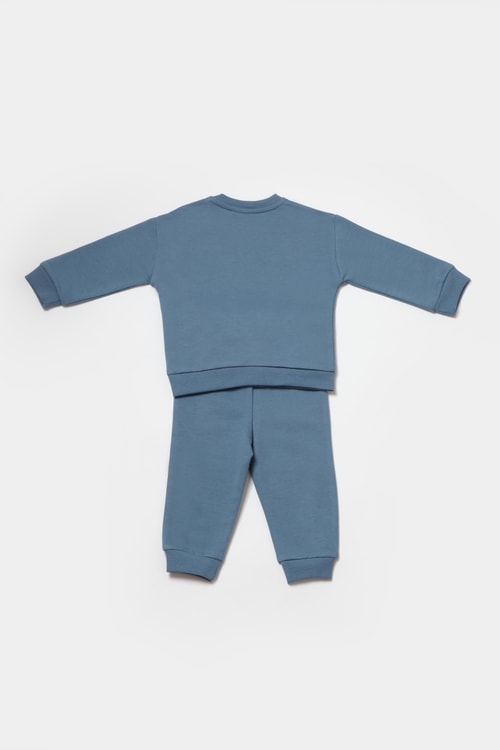 Erkek Bebek Pamuklu Mavi Puzzle Desenli Eşofman Takımı - Uzun Kollu Sweatshirt ve Cep Detaylı Pantolon