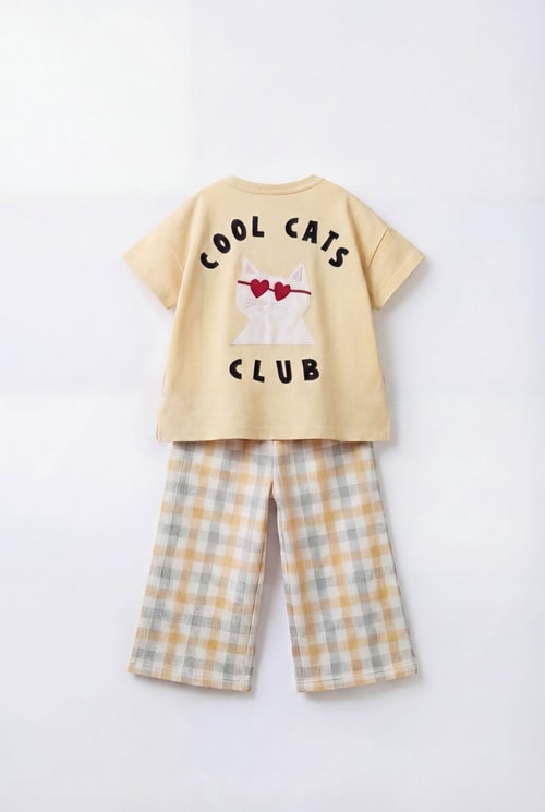 Kız Çocuk Pamuklu Cool Cats Club Baskılı T-Shirt Ekose Eşofman Takım