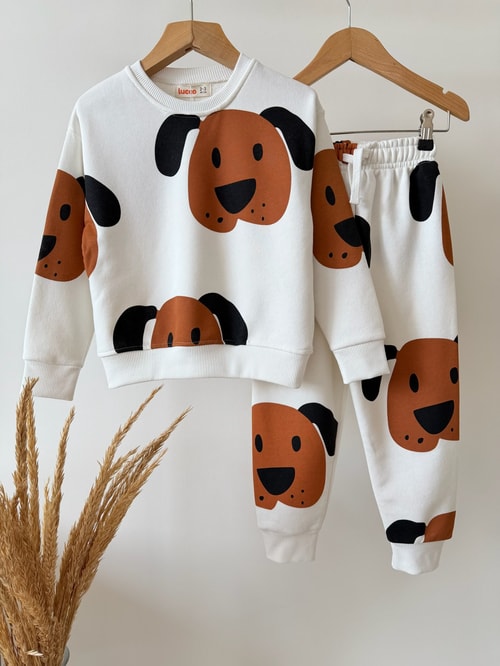 Çocuk Pamuklu Köpek Desenli Ekru Sweatshirt ve Eşofman Altı Takımı