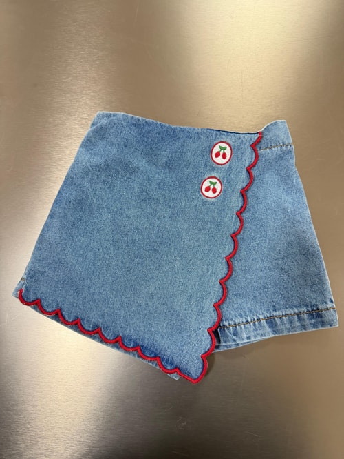 Kız Çocuk Pamuklu Mavi Kiraz Düğmeli Denim Şort Etek