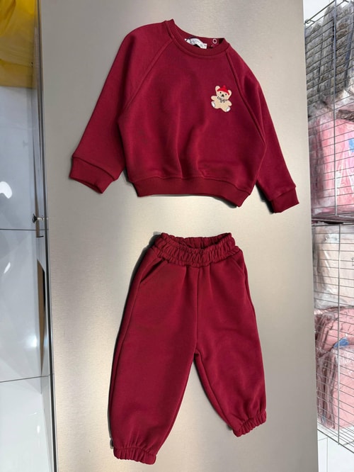 Çocuk Pamuklu Ayıcık Nakışlı Bordo Sweatshirt ve Eşofman Altı Takımı