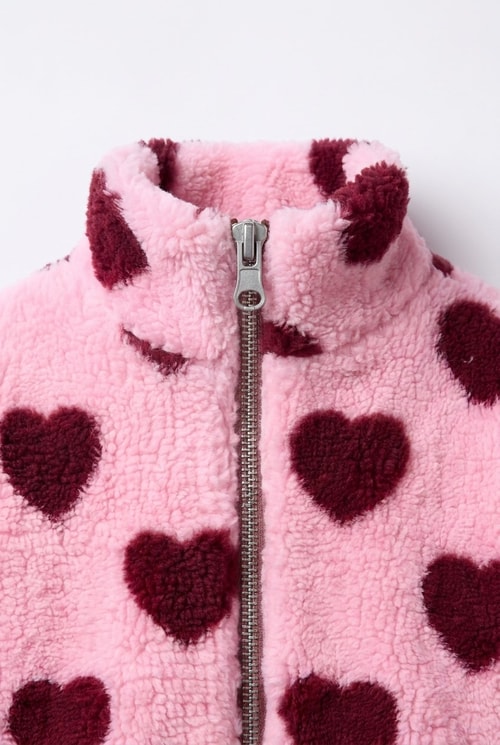 Kız Çocuk Kalp Desenli Pembe Peluş Ceket