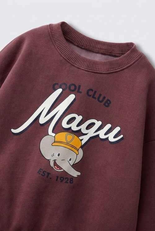 Çocuk Pamuklu Magu Baskılı Kahverengi Sweatshirt ve Eşofman Altı Takımı
