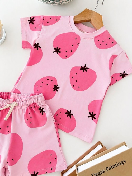 Kız Çocuk Pamuklu Pembe Çilek Desenli T-shirt Şort Takım
