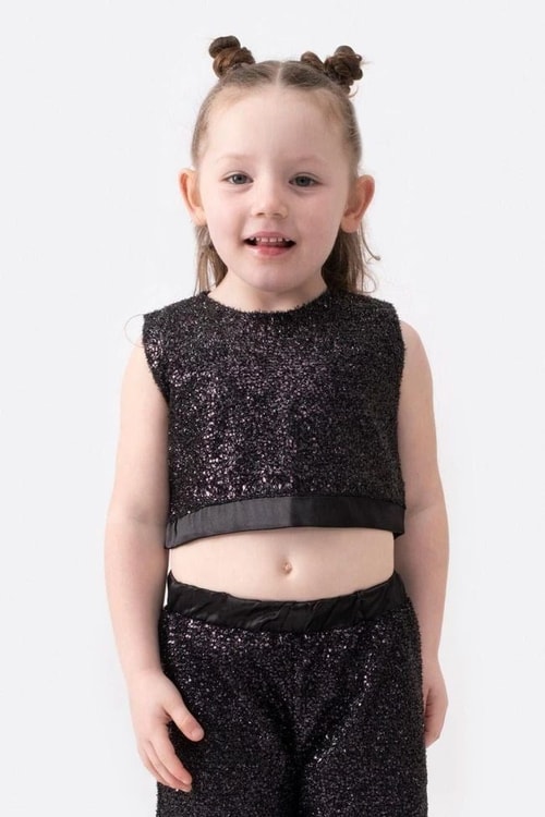 Kız Çocuk Siyah Payetli Crop Pantolon Takım