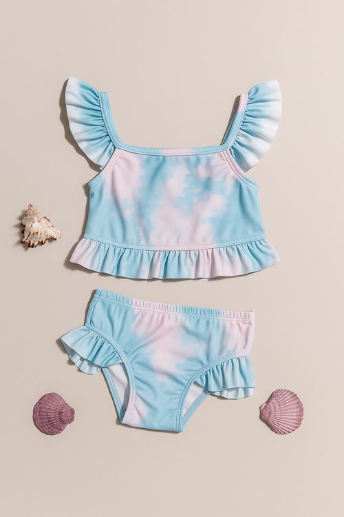 Kız Çocuk Bulut Desenli Fırfırlı İki Parçalı Bikini Takımı