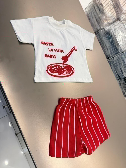 Unisex Bebek Pamuklu Beyaz Pasta Temalı Tişört Şort Takım