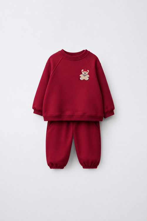 Çocuk Pamuklu Ayıcık Nakışlı Bordo Sweatshirt ve Eşofman Altı Takımı