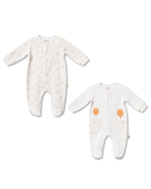 Unisex Bebek Pamuklu Ekru 2li Patikli Tulum Seti - Desenli ve Cepli