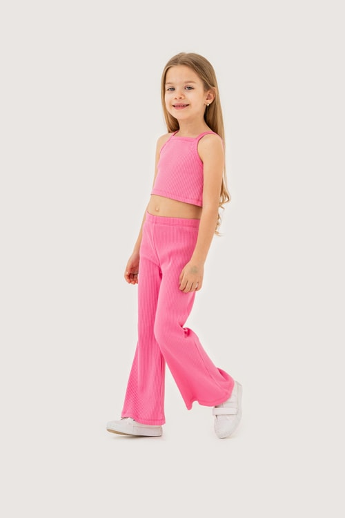 Kız Çocuk Pamuklu Pembe Ribana Askılı Crop ve Bol Paça Pantolon 2li Takım