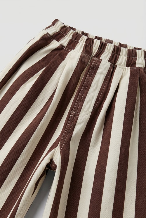 Unisex Oversize Çocuk Pamuklu Kahverengi Çizgili Pantolon - Elastik Belli