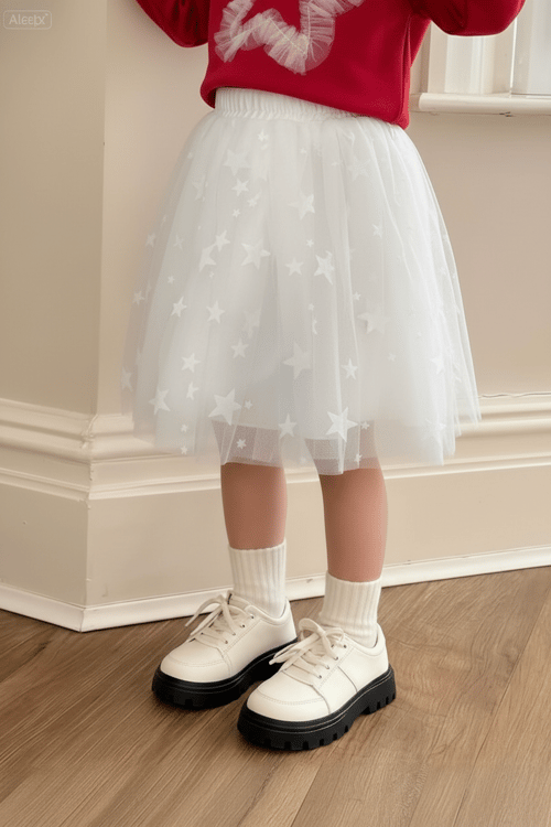 Kız Çocuk Pamuklu Kırmızı Yıldız Aplikeli Takım - Beyaz Tül Etekli 2li Set