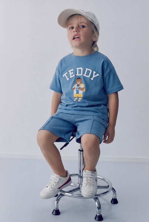 Erkek Çocuk Pamuklu Mavi Teddy Baskılı T-shirt Şort Takım