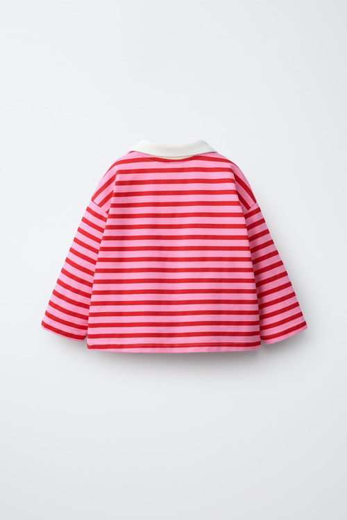 Kız Çocuk Pamuklu Polo Yaka Pembe Çizgili Sweatshirt