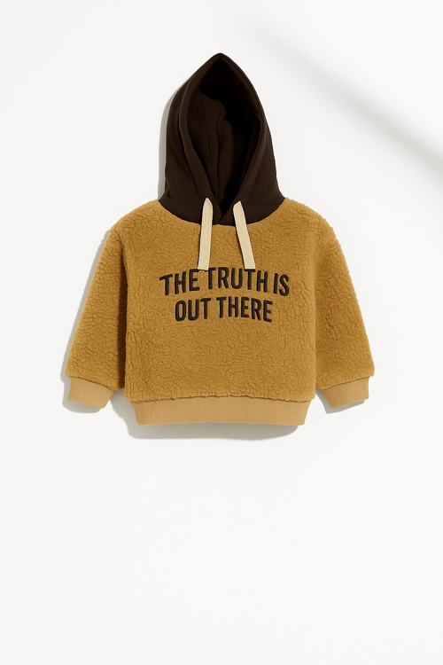 Unisex Çocuk Pamuklu Kahverengi Teddy Sweatshirt - Kapüşonlu ve Yazı Baskılı