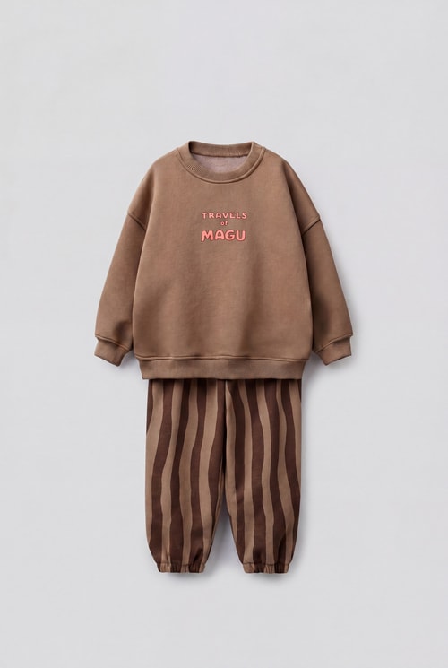 Çocuk Pamuklu Magu And Travel Desenli Kahverengi Sweatshirt ve Çizgili Eşofman Takımı