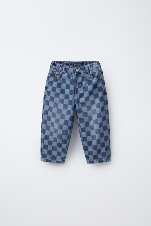 Erkek Çocuk Kare Desenli Mavi Denim Pantolon
