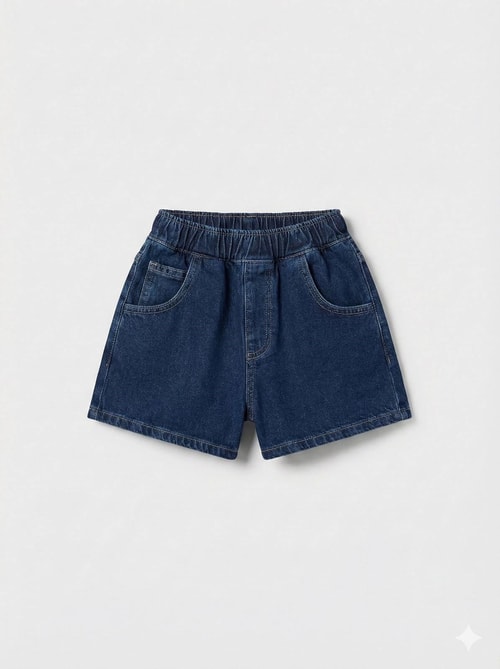 Unisex Çocuk Pamuklu Lacivert Jean Şort - Elastik Belli Cepli