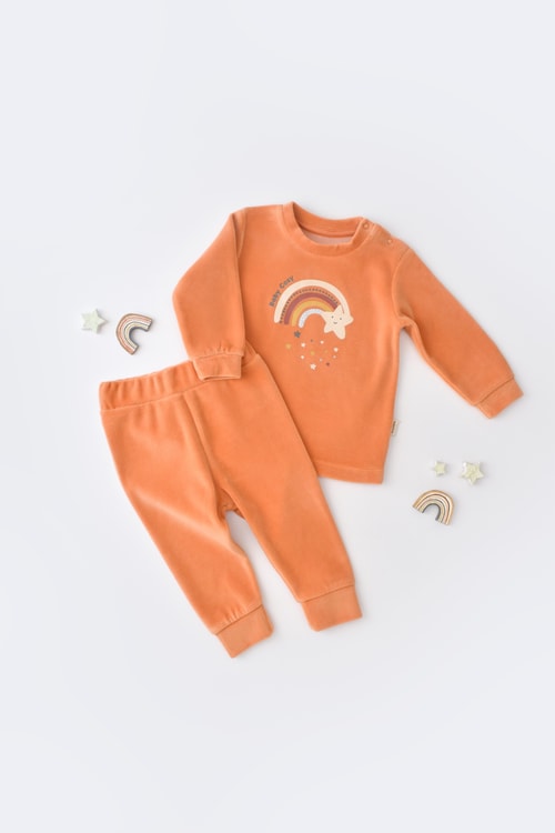 Unisex Bebek Organik Kadife Gökkuşağı Desenli Alt-Üst Takım - Sweatshirt Pantolon