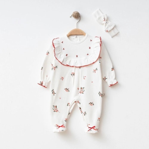 Kız Bebek Pamuklu Ekru Çiçek Desenli Tulum ve Bandana Set