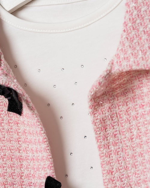 Kız Çocuk Pamuklu Pembe Dokulu Ceketli Etek Takım – T-Shirt Dahil 3lü