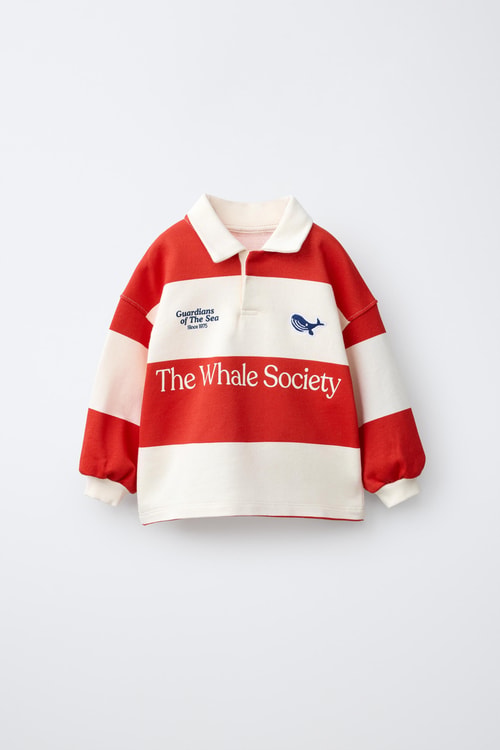 Çocuk Pamuklu Balina Nakışlı Kırmızı Ekru Çizgili Polo Yaka Sweatshirt