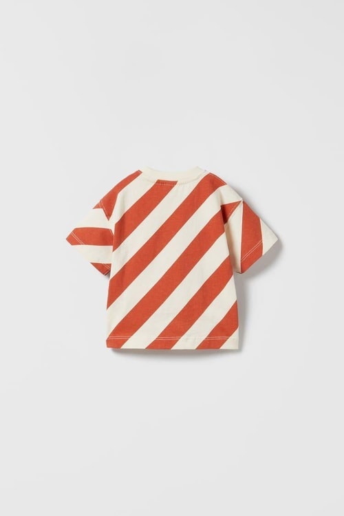Erkek Çocuk Pamuklu Turuncu Çizgili T-Shirt ve Bej Şort Takım