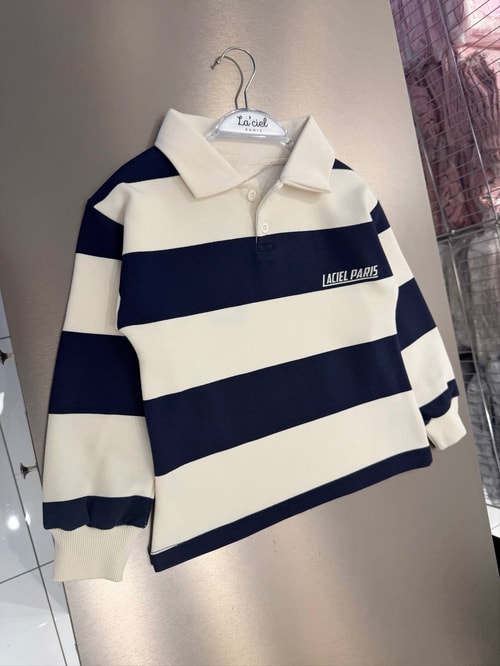 Çocuk Pamuklu Lacivert Ekru Çizgili Polo Yaka Sweatshirt