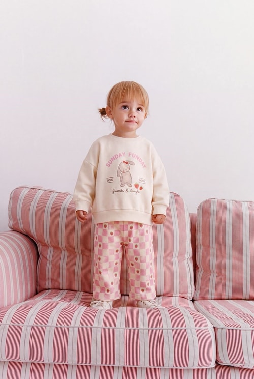 Kız Çocuk Tavşan Baskılı Sweatshirt ve Çilek Desenli Kareli Eşofman Takımı