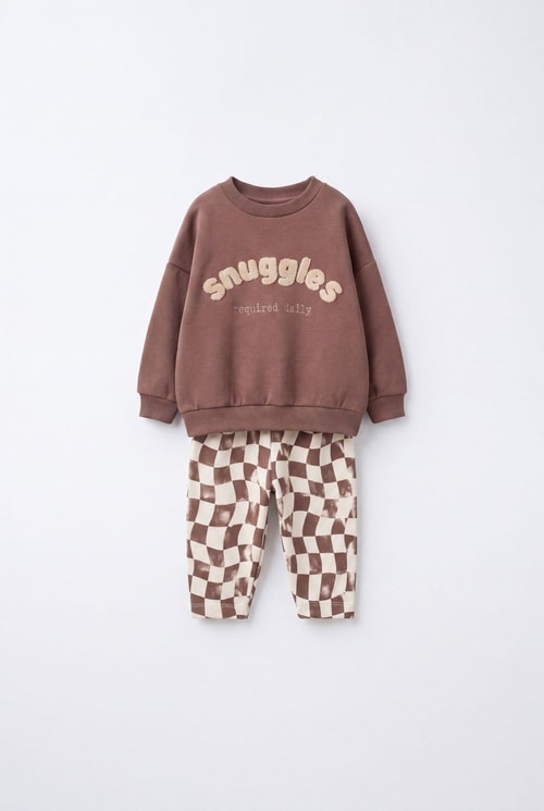 Çocuk Kahverengi Sweatshirt ve Dama Desenli Pantolon Takımı
