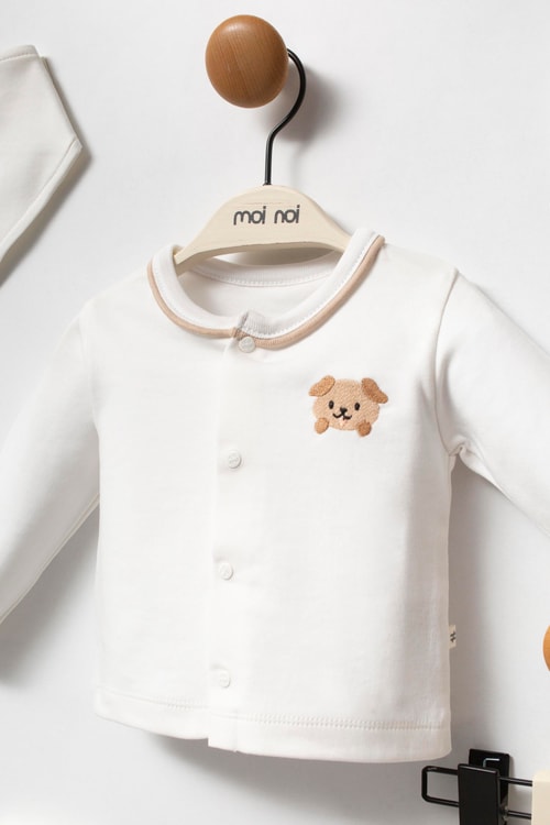 Unisex Bebek Pamuklu Ekru Köpek Nakışlı 5li Set - Hırka, Pantolon, Şapka, Eldiven ve Önlük