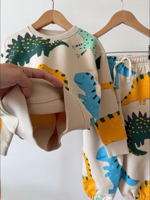 Çocuk Dinozor Desenli Bej Sweatshirt ve Eşofman Altı Takımı