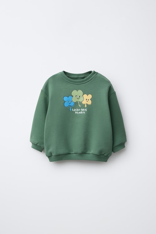 Çocuk Pamuklu Çiçek Baskılı Yeşil Sweatshirt