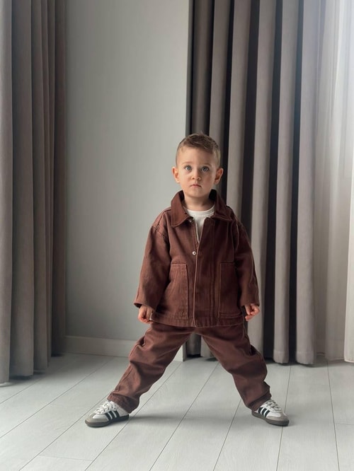 Erkek Çocuk Pamuklu Kahverengi Ceket ve Pantolon Takım