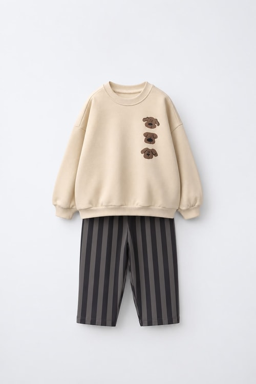 Çocuk Pamuklu Köpek Baskılı Bej Sweatshirt ve Çizgili Eşofman Takımı