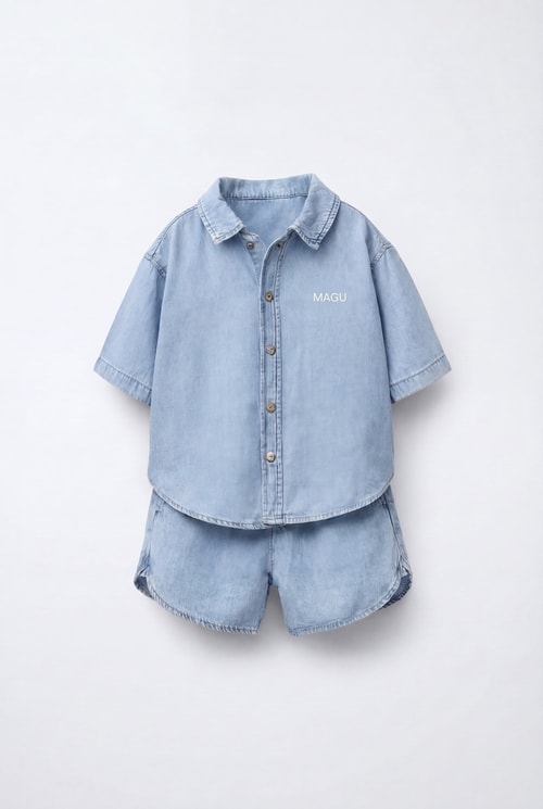 Erkek Çocuk Oversize Denim Mavi Gömlek Şort Takım - Yazlık İkili Takım